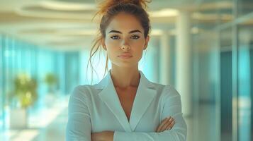 3D determined female manager standing with arms crossed in a corporate hallway, symbolizing leadership photo