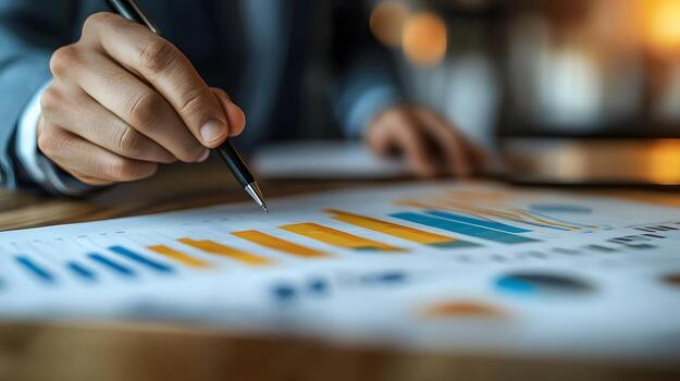 3D business team animatedly discussing solutions while pointing at a chart with data trends photo