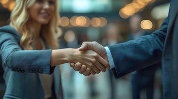 3D handshake between two professionals in a corporate setting, with a confident woman standing behind them photo