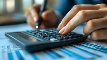 3D high-tech corporate office with a professional analyzing cash flow and investment figures using a calculator photo