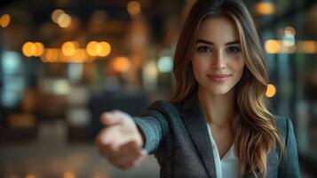 3D professional woman in a corporate setting extending her hand for a handshake, laptop and documents neatly placed photo