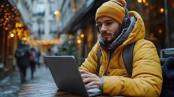 3D remote worker using a smartphone for business calls while working on a laptop, illustrating productivity photo