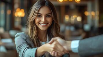 3D handshake moment captured with a smiling businesswoman in a suit, professional setting, laptop on the table photo