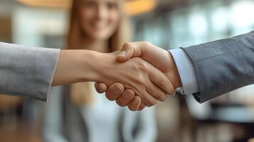 3D rendering of a handshake between two business professionals with a smiling woman in the background in a modern office photo
