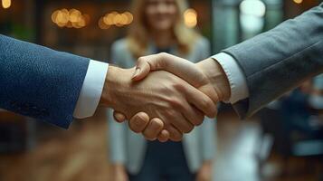 3D dynamic handshake between two executives, with a confident woman in the background in a corporate office photo