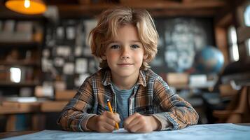 Young boy sitting in modern room holding digital pencil and tablet while designing 3D model photo