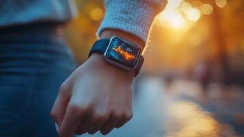 Digital wellness tracking device displaying heart rate and fitness progress photo