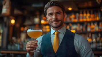 Elegant bartender in a suit presenting a high-end cocktail, luxurious bar interior, soft bokeh background photo