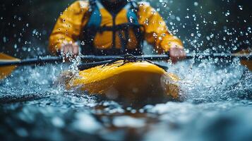 Kayakers hands paddling through a rushing river, splashing water, vibrant outdoor scene, crisp reflections photo