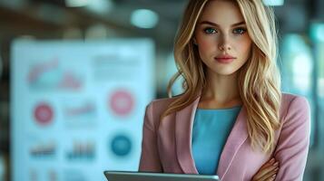 Professional woman using a digital tablet, data analysis, financial planning, future-focused business strategy photo