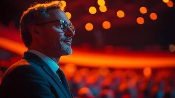 Executives delivering a speech on stage, engaging both physical and virtual audiences, business innovation focus photo