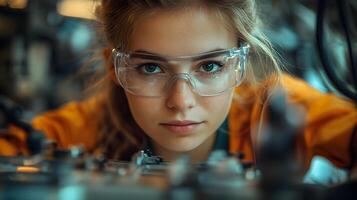 Female robotics engineers collaborating on a project, assembling and programming robots, futuristic tech advancements photo
