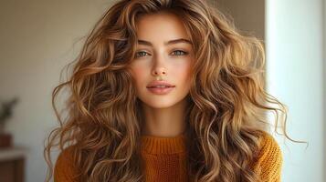 Person with long wavy hair adjusting curls, self-expression, identity through style photo