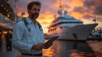 Business professional checking marine insurance policy details using a tablet at dock photo