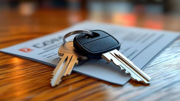 Car key and insurance documents on a table, representing vehicle security and coverage photo