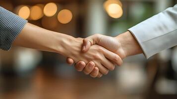 Professional insurance agent shaking hands with client near a car symbolizing trust photo