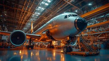 Jet engine maintenance crew working on an insured aircraft in a hangar photo