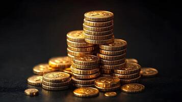 Pile of isometric 3D golden coins with scattered loose coins on a dark background photo