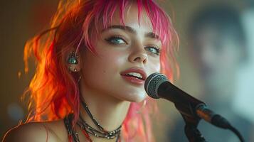 Young musician with colorful hair and eccentric fashion singing into microphone photo
