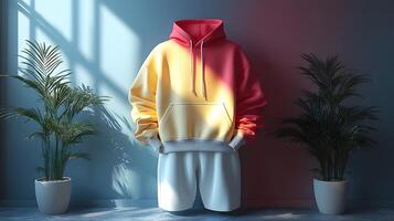 A hoodie and sweatpants design mockup in solid and gradient colors, displayed on a modern background, 3D rendering photo