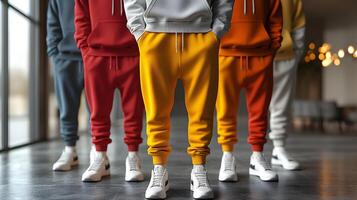 A realistic clothing mockup of hoodie and sweatpants in multiple colors, perfect for branding, 3D rendering photo