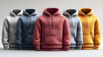 A folded hoodie and sweatpants set in different colors, premium fabric textures, professional display, 3D rendering photo