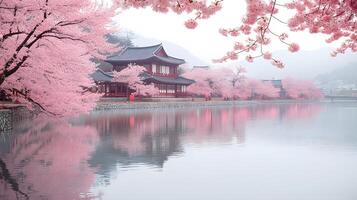 During peak season cherry blossoms in Japan South Korea and Washington D.C. display their natural beauty with an array of soft pink blooms creating a stunning and peaceful scene photo