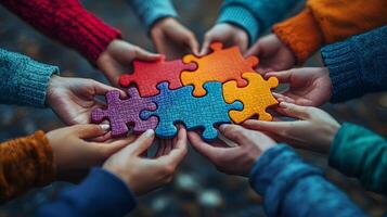 Diverse group joining hands with puzzle patterns to show autism awareness unity photo