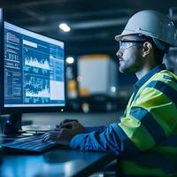 Supply chain specialist analyzing transportation data on a computer screen photo