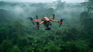 Drone technology collecting carbon sequestration data over dense tropical forests with advanced sensors photo
