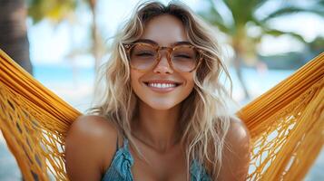 Young woman enjoying a relaxing hammock under palm trees photo
