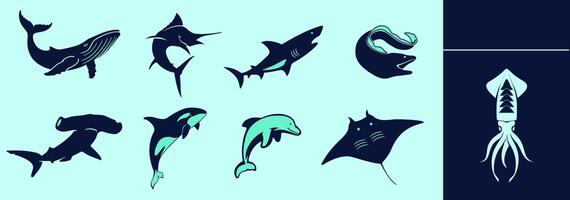 Marine creatures icon set with shark, sword fish, whale, dolphin, orca, hammer head, stingray, squid. Editable icon elements, size and color. vector