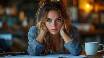 Stressed female entrepreneur at work sitting at desk feeling overwhelmed with paperwork. photo