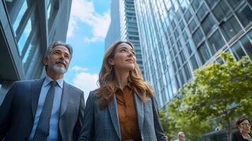 Confident executives walking outside a skyscraper discussing financial updates photo