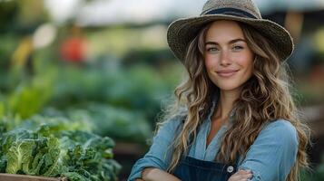 Focused female organic farmer standing in a field with a crate of freshly picked vegetables photo
