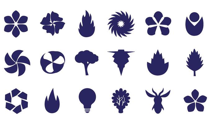 Decorative abstract geomatic shape botanical outline flower spiral motion swirl energy logo set company symbol icon business vintage circle leaf fire water bird wing texture retro design