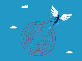 an angel is flying over a maze with a red arrow pointing to the end vector