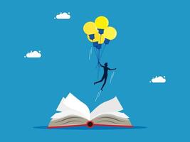 man is flying with balloons over an open book vector