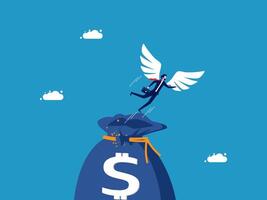 a man with wings flying out of a bag with a dollar sign vector