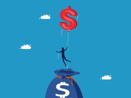 man on a rope is hanging from a bag with a dollar sign vector