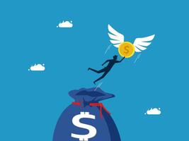 man flying with money bag with dollar sign and wings on blue background vector