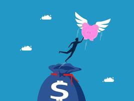 man with wings flying over a piggy bank with dollar sign vector