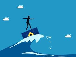 a man standing on top of a wave with a box on top vector