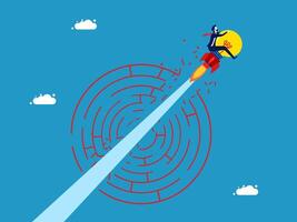 a businessman flying through a maze with a rocket vector