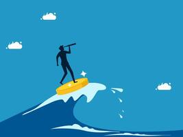 a businessman standing on top of a wave with a coin vector