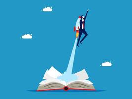a businessman flying on rocket book with open book and cloud vector