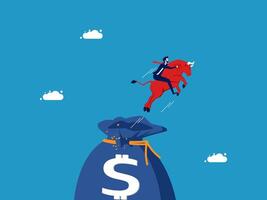 a man is riding on a bull and jumping over a bag with a dollar sign vector
