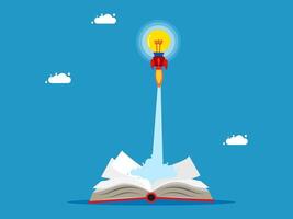 an open book and a rocket flying out of it vector