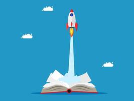 rocket is flying over an open book vector