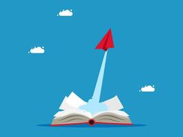 an open book with a red paper rocket flying out of it vector